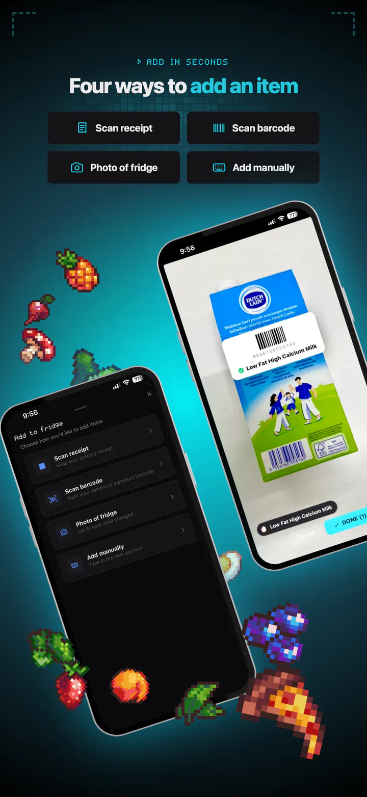 Helaian tambah item di sebelah imbasan kod bar yang mengecam sekotak susu.