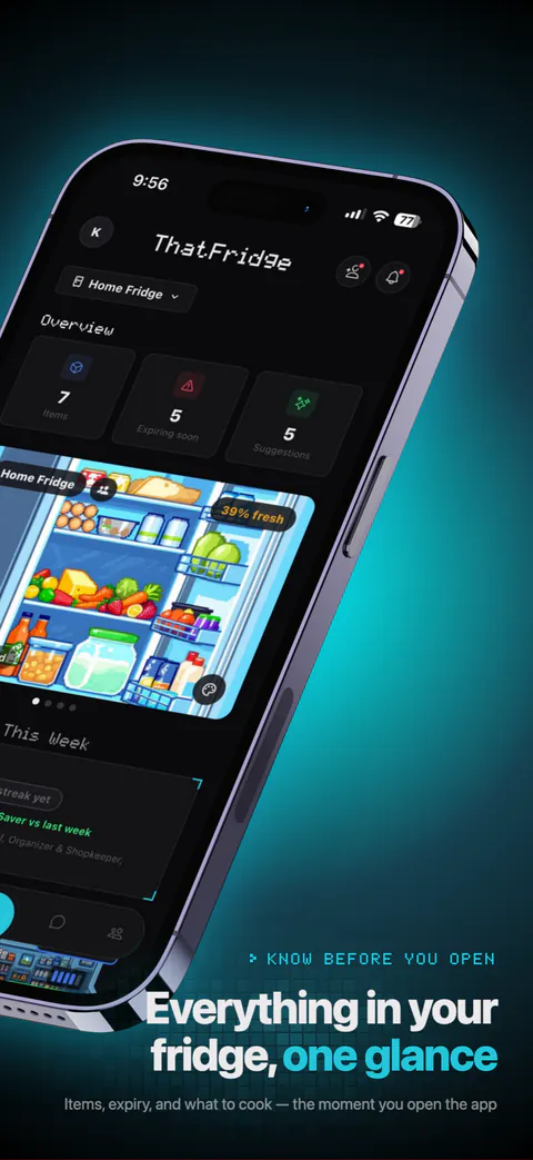 ThatFridge home screen: a pixel-art fridge with items, expiring soon and suggestions.